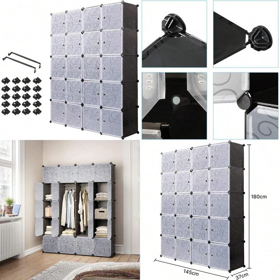 Mondeer Plastic Wardrobe Interlocking Storage Cubes For Clothes Translucent Decorative Patterns Elegant Black White 20 Cubes - Black - View 1