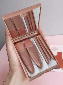 5er-Set tragbare Makeup Pinsel mit Spiegel, Makeup Pinsel Set in Verpackung, multifunktionaler Puder Pinsel, Rouge Pinsel mit Spiegelbox, Mini multifunktionaler Puder Pinsel, Foundation Pinsel, Lidschatten Pinsel, Blending Pinsel für Schönheitstools (unterschiedliche Chargen haben leichte Farbvariationen)