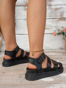 Sandalias de plataforma femeninas con suela gruesa, incremento de altura, puntera redonda, cómoda, ancha, diseño de empeine hueco con múltiples correas, simple, de moda casual, versátil, personalizado, de estilo punk rock, adecuado para uso diario, trabajo, campus, festival de música, fiesta de playa, cita, vacaciones