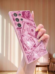 1pc Banknote Pattern Pink Edge Matte Lens Protection Anti-Fall Phone Case Compatible With Samsung//Redmi/VIVO/OPPO
