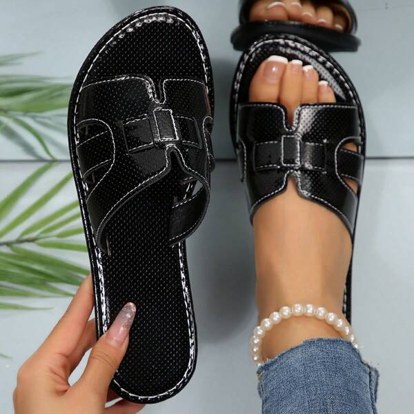 1 Pair Women's Fashionable Flat Sandals, Comfortable Slip-On Leather Slides, Stylish Summer Footwear, Easy To Pair With Casual Outfits, Durable Construction And Soft Materials, All-Day Comfort. Bohemian Design