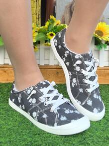 Zapatillas deportivas casuales con cordones y punta redonda cómodas, con estampados de rosa, estrella y calavera, aptas para todas las estaciones
