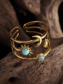 Elegant Adjustable Stainless Steel Ring With Turquoise Inlay - Star, Moon & Sun Design For Women Perfect For Weddings, Parties & Everyday Chic
