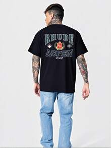 (220g Pure Cotton T-Shirt) 1Pcs Of Men's Casual Crew Neck Short Sleeved T-Shirt With Elegant And Luxurious "RHUDE ASPEN"  - Themed Design Double Sided Digital Print - 黑色 - 查看 3
