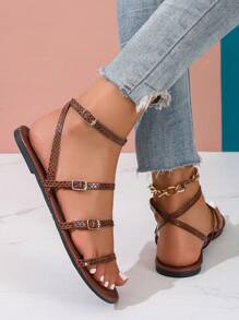 Women's Fashionable Golden Simple Flat Sandals, Solid Color Buckle Shiny Fashionable And Comfortable Open Toe Sandals, 2025 New Summer Glamorous High-End Round Toe Sandals, Casual Women's Shoes Suitable For Outdoor And Party Wear, Sexy Shoes For Women,Ladies Shoes,Gold Shoes,Sparkly Sandals,Gold Sandals,Snake Pattern,Suitable For Vacation And Beach Fun
