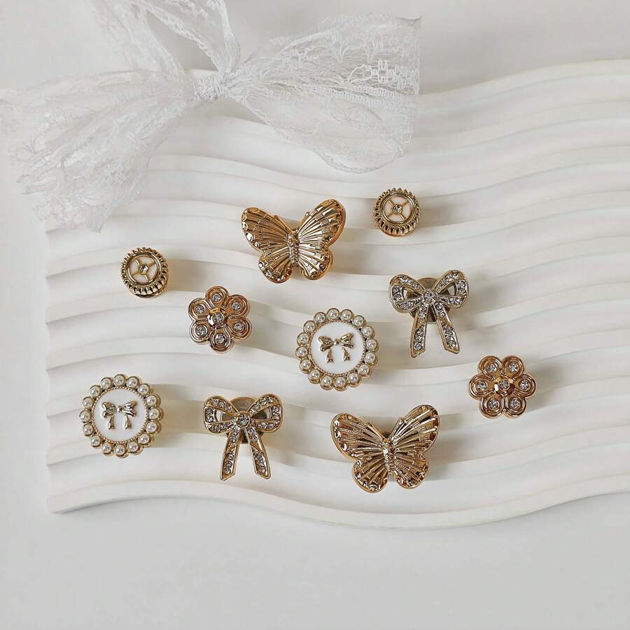 10 pingentes de sapato faça você mesmo - borboleta brilhante, laço, botões decorativos florais, material leve não metálico, estilo versátil e fofo da moda Y2K para homens e mulheres, adequado para sapatos de praia de EVA, sandálias, decoração de sapatos removíveis, presente de Natal