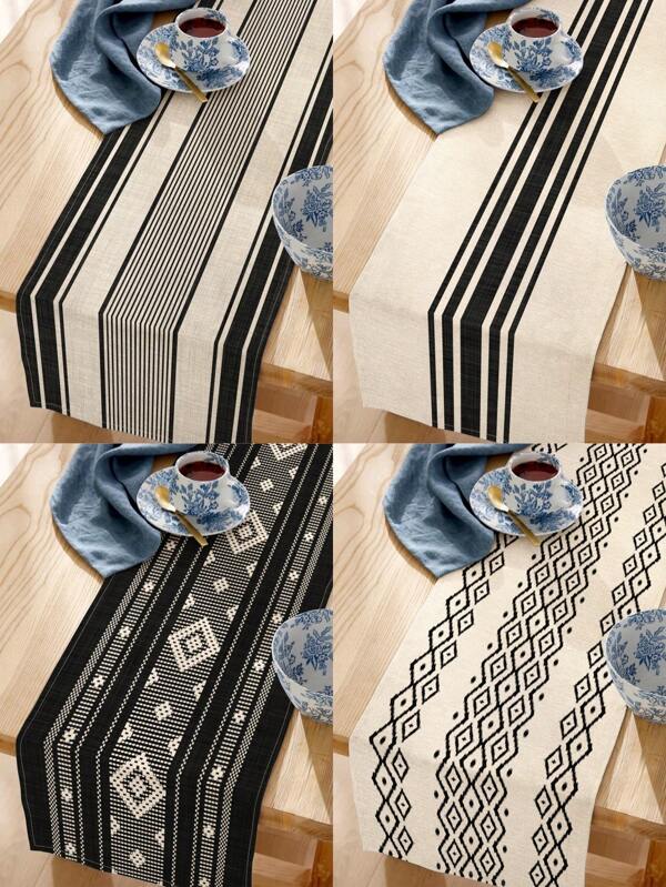 1pc Black & White Geometric Lines Linen Tablecloth/Table Runner, Suitable For Home Dining Room, Indoor Decor, Rectangle Table, Kitchen Cabinet, TV Stand. Romantic Wedding, Outdoor Party, Holiday Party Tabletop Decor, Heat Resistant & Washable