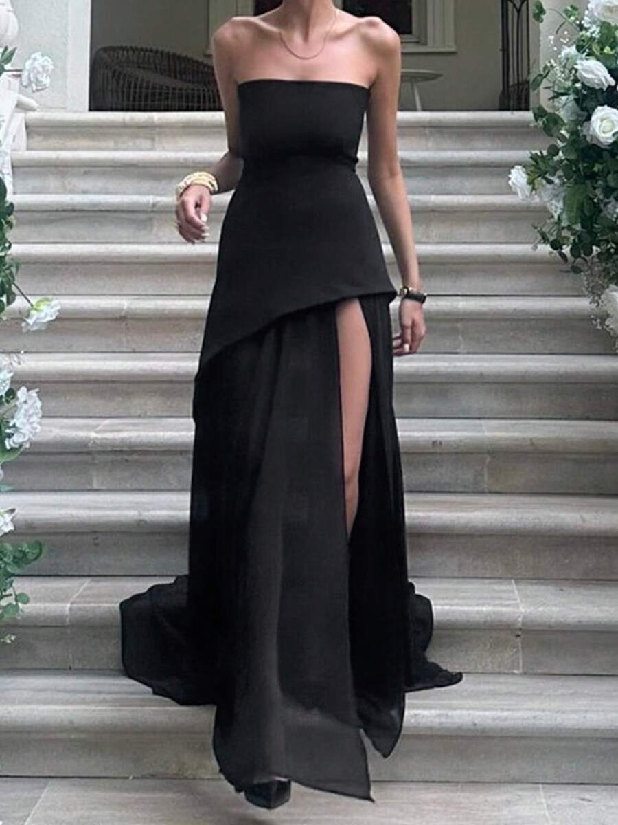 Women High Split Strapless Dress Solid Off Shoulder Sleeveless Open Back Long Tube Top Dress With Scarf - 黑色 - 查看 1