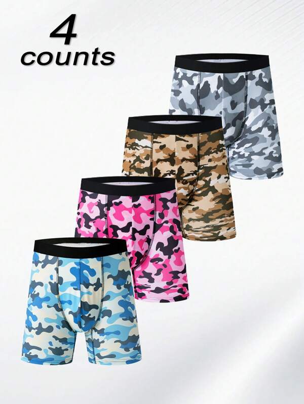 4 Stücke Herren Camouflage Muster Unterwäsche in Mittellänge, aus weichem und hautfreundlichem Stoff geeignet für den täglichen Gebrauch, modisches Design passend für Laufen und lässige Sportarten