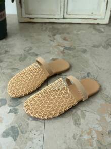 Damen Flache Sandalen mit Hohlmuster, 2025 neue Sommer Mesh Strandurlaub Schwarz Aprikose rutschfest Große Größen Slip-On Pantoffeln, modisch elegant, glamourös, Musik Festival Punk Wild Sexy Schuhe