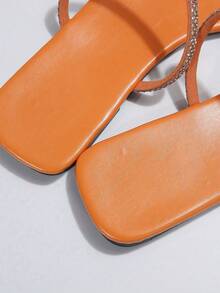 Women's Fashion Rhinestone-Decor Flat Strap Sandals, Versatile For Beach, Dating, Shopping, Party, Business, Summer - Orange - View 5