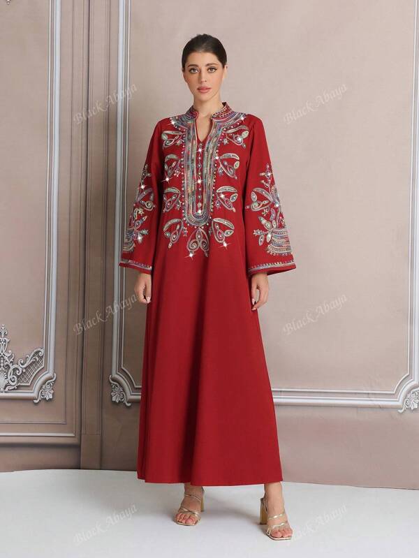 Middle Eastern Style Oversized Red 3D Retro Pattern Rope Embroidery Crystal Decorated Elegant Long Robe Maxi Dress, Abaya, Kaftan, Turkish Fashion Plus Size Women Apparel, In Stock BC4606 (Customized)