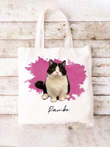 1pc Custom Pet Photo And Name Canvas Tote Bag - Personalized Pet Portrait Bag - Dog Bag For Women - Dog Mom Bag .This Personalized Tote Bag Is Light And Thin. After You've Finished Using It