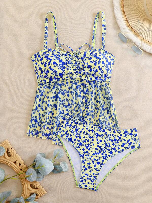 2025 New Sexy Ditsy Floral Printed Bikini Women Swimwear, Mesh Overcover Slimming Tankini Two Pieces Swimwear, European And American Crossborder Style