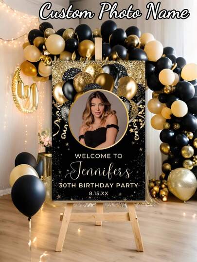 1 pieza Póster de foto de cumpleaños personalizado, plantilla de logotipo de cumpleaños personalizado en estilo negro y dorado, logotipo de bienvenida de cumpleaños personalizado con foto, logotipo de bienvenida de cumpleaños feliz con globos editables en negro y dorado, póster de lienzo sin marco personalizado, actividades artísticas para niños, hogar y vida, decora tu hogar, recuerdos