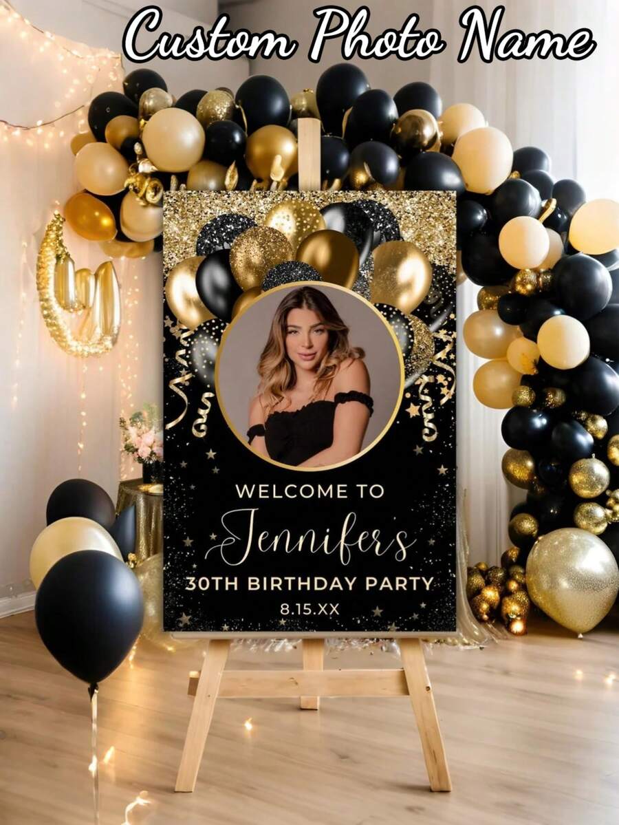 1 pieza Póster de foto de cumpleaños personalizado, plantilla de logotipo de cumpleaños personalizado en estilo negro y dorado, logotipo de bienvenida de cumpleaños personalizado con foto, logotipo de bienvenida de cumpleaños editable con globos en negro y dorado, póster de lienzo sin marco personalizado, Actividades artísticas, Hogar y vida, Asusta a tu hogar, Recuerdos - Multicolor - Ver 1