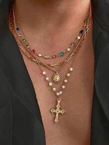 4pcs/Set Vintage Luxurious Multi-Color Crystal Cross Necklace, Men's Casual Outfit Accessory, Holiday Gift - 4pcs - View 13