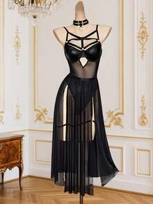 Women's Lingerie Set Patchwork Leather Spaghetti Strap Bodysuit High Split Sheer Skirt With Leg Rings 2 Piece Outfit - Black - View 3