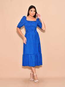 Helena Plaid Crepe Midi Dress With Short Sleeves - azul real - Ver 5