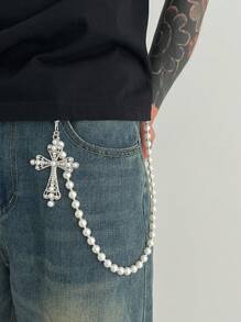 1 Set Sweet Style Pearl & Rhinestone Cross Chain, Rivet Waist Decor Accessories