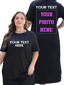 女士个性化照片定制连衣裙，定制您的情侣/爱人/家人/挚友/宠物照片，舒适宽松大码超长连衣裙，定制T恤连衣裙，送给她的礼物，秋季上衣，周年纪念礼物，情人节礼物，生日礼物，结婚礼物，挚友礼物 - 黑色 - 查看 1