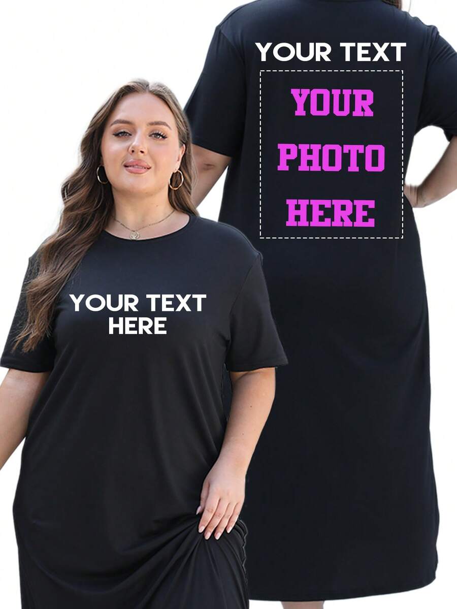 女士个性化照片定制连衣裙，定制您的情侣/爱人/家人/挚友/宠物照片，舒适宽松大码超长连衣裙，定制T恤连衣裙，送给她的礼物，秋季上衣，周年纪念礼物，情人节礼物，生日礼物，结婚礼物，挚友礼物 - 黑色 - 查看 1