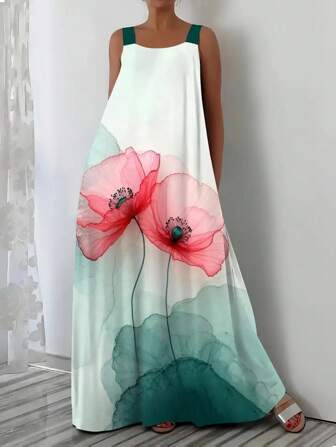 Fashionable Floral Print Spaghetti Strap Vacation Midi Dress