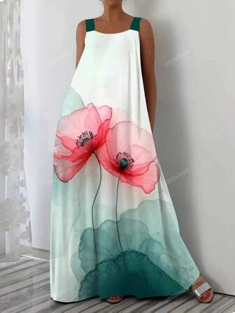 Fashionable Floral Print Spaghetti Strap Vacation Midi Dress