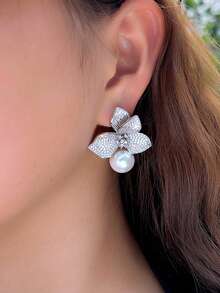 1 Pair Vivid Geometric Leaf & Flower Shaped White Cubic Zirconia Thick Dangle Drop Big Wedding Engagement Pearl Earrings For Women, Luxury Pageant Jewelry Accessories - White - View 7