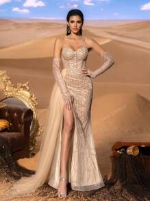 Faeriesty Vestido de noche elegante con escote de lentejuelas con efecto de esmalte, con cobertura de manga desprendible, panel lateral asymmétrico y vestido de Mermaid con abertura alta en el muslo - perfecto para galas de corbata negra, recepciones de boda de lujo, eventos de alfombra roja, fiestas de Año Nuevo, bailes ejecutivos de caridad