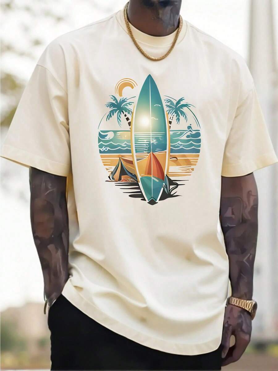 Men's Cotton Casual T-Shirt, Men's Tropical Surf Graphic T-Shirt - Beach Vacation Tee With Palm Trees And Surfboard Design - Sữa trắng - Xem 1