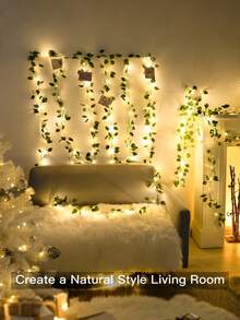 约10米（32.81英尺）100颗LED电池供电藤蔓灯，暖白光搭配绿色藤蔓，适用于室内/室外、婚礼、花园、花园装饰、派对、围栏、卧室、房间、墙壁、花园、派对、婚礼装饰、家居装饰 - 綠色 - 查看 2