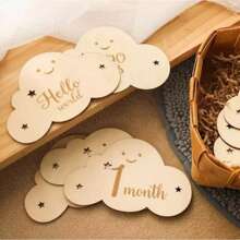 Un conjunto de placa de hito de madera de nube para bebé de 1 a 12 meses, registro del crecimiento del bebé, decoración fotográfica, placas de distancia con doble cara, tarjetas de hito mensual del bebé colgantes, recuerdo grabado con doble cara como accesorio fotográfico