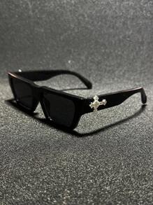 POLASUP 1pc Men/Women Rhinestone Cross Decor Polycarbonate Anti-Explosion Lens Fashion Glasses, Sports Casual Street Retro Flat Top Copper Hinge Non-Plastic Hinge UV Protection Sunglasses (Comes With Glasses Strap And Cleaning Cloth)