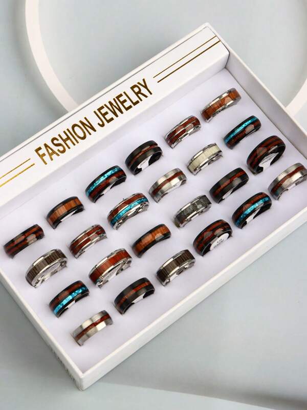 10pcs/Pack Vintage Shiny Multi-Color Shell & Wood Grain Stainless Steel Rings, Exquisite Men's Accessories, Suitable For Daily, Festivals, Party, Birthday, Anniversary Gift