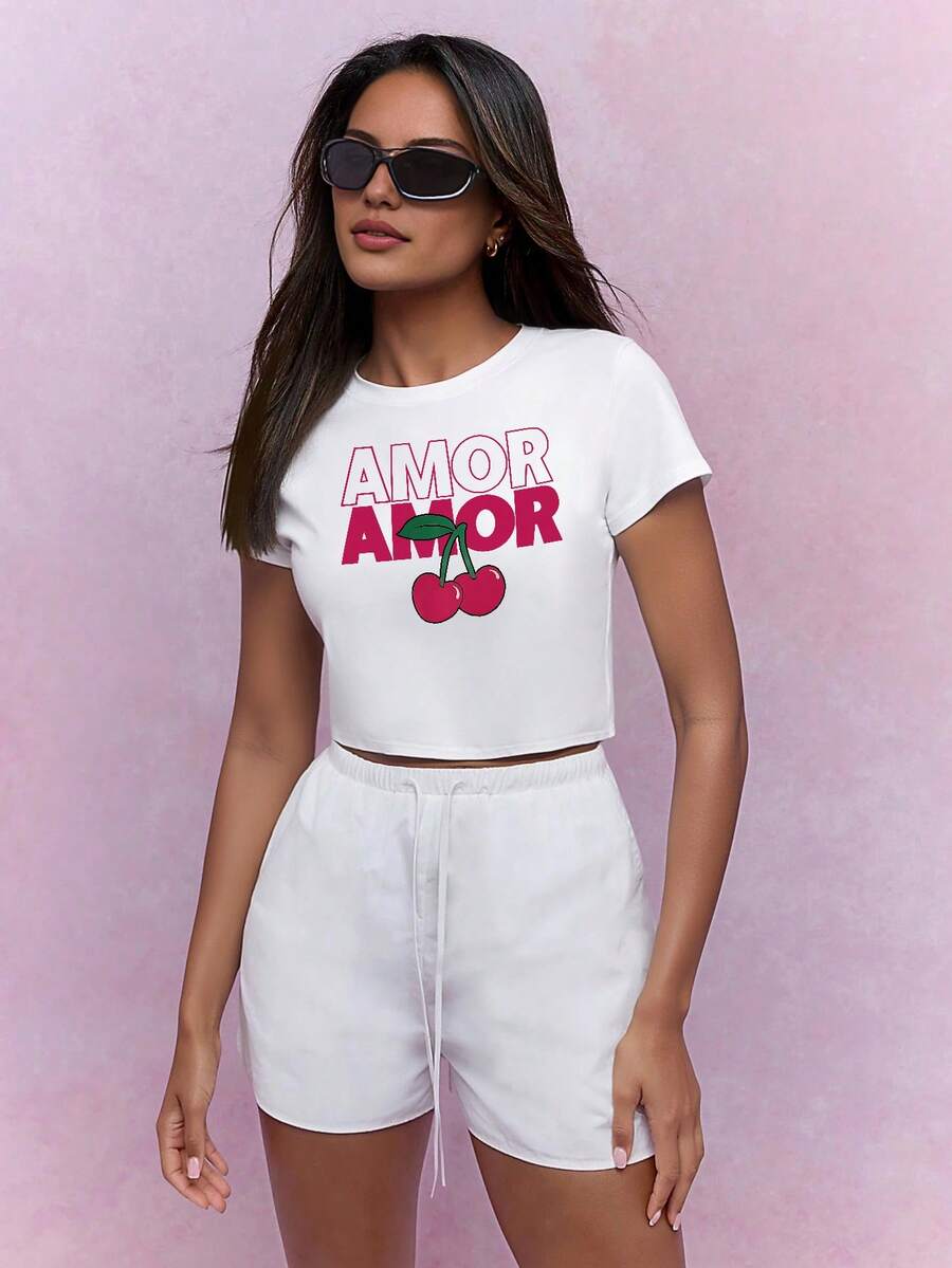 Cherry Print Babydoll Crop White Women Y2K Tee - White - View 1