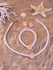 1 套：1 对耳环、1 条手链、1 条项链 - 海滩度假风格白色软粘土鸡蛋花吊坠首饰套装，夏季冲浪者手链项链旅行纪念品 - 首飾套裝 - 查看 19