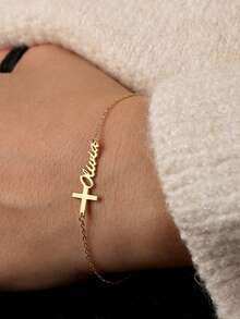 Customized Cross Name Bracelet, Baptism Gift, Personalized Cross Name Bracelet, Cross Jewelry, Christian Gift, Communion Gift, Unisex Customized Name Bracelet, Baptism Gift, Amulet, Jesus Jewelry - Gold - View 4