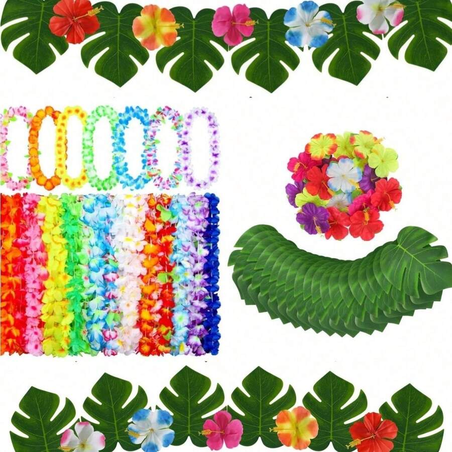 12/20/52件夏威夷花环仿真热带棕榈叶芙蓉花人造植物龟叶夏威夷夏威夷罗丛林婚礼夏日派对餐桌装饰（花环和花朵颜色随机）情人节礼物