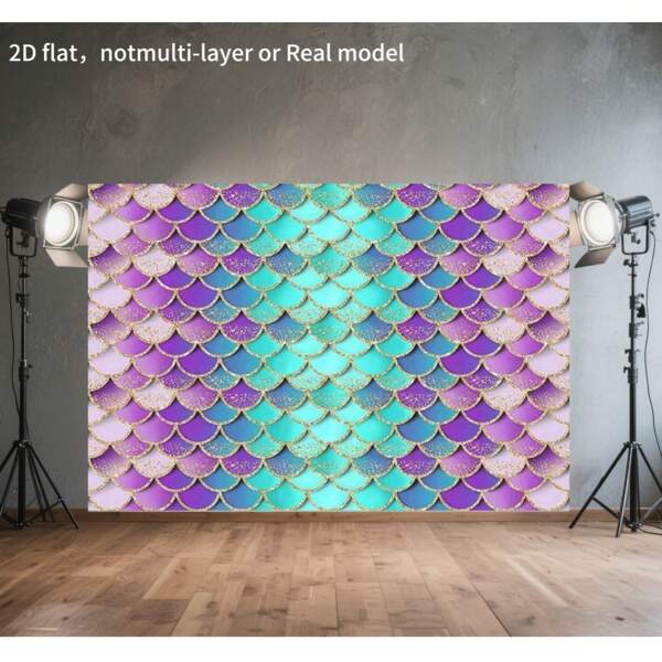 Cenário de aniversário de sereia com glitter, escamas de sereia, decoração para festa, chuveiro, fundo fotográfico, roxo, água, verde, concha