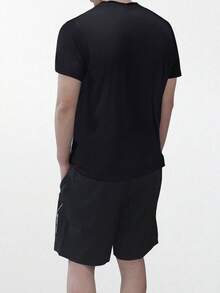 2 Pieces Men's Solid Color Sports Set, Casual Everyday, Running, Workout, Hiking Outdoor Short Sleeve Shirt And Shorts, Summer - Black - View 2