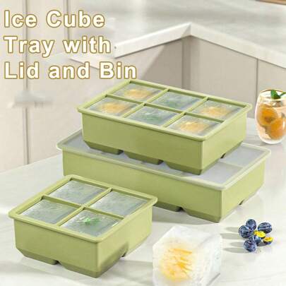 Ice Cube Tray With Lid And Bin - Square Ice Trays For Freezer With Lid -5cm Big Ice, Ice Cube Trays For Freezer With Ice Container 4 Grids, 6 Grids, And 8 Grids