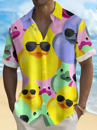 Hawaiian Duck Print Button-Down Short Sleeve Casual Shirt For Men