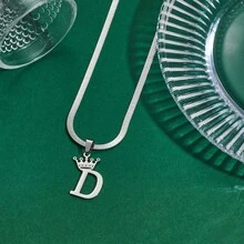 不锈钢 26 字母天使幸运皇冠吊坠 4 毫米刀片项链扁平蛇链珠宝女王公主字母吊坠，节日高端礼物 - 銀色 - 查看 33