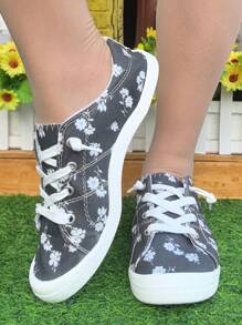 Zapatillas deportivas casuales con cordones y punta redonda cómodas, con estampados de rosa, estrella y calavera, aptas para todas las estaciones