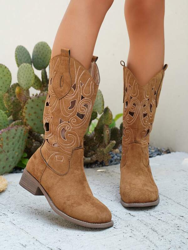 Damen bestickte Stiefel bis zur Mitte des Wades, neue Chunky Heel Retro Stiefel für Frühling & Herbst, Hoch-Stiefel im Western-Stil mit Hohlmuster, Party