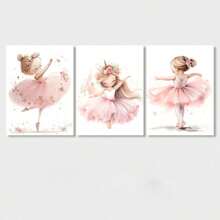 3pcs/Set Charming Ballerina Canvas Painting Pink Tutu Girl Unicorn Graceful Pose Posters For Nursery Or Ballet Studio Decor Wall Arts Optional Frame