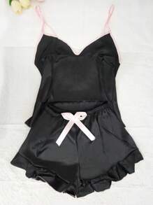 1 set da donna in raso sexy, composto da canotta e pantaloncini pigiama, con fiocco e balze, comodo loungewear in seta, adatto per vacanze