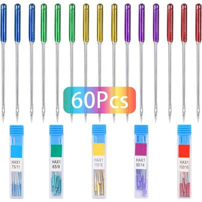 60 Piezas Agujas de máquina de coser universales para Singer, Brother, Janome, Varmax en tallas HAX1 65/9, 75/11, 90/14, 100/16, 110/18 (5 colores)