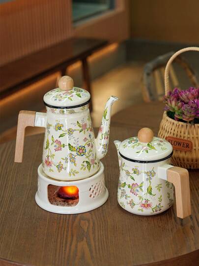 1 Set 1.2L Retro Floral Enamel Teapot, Milk Pot, Lid Cup, Square Pot, Coffee Pot, Handmade Tea Infuser Pot, Household Boiling Water Enamel Pot, Desktop Decorative Enamel Pot, Enamel Pot As Gift For Friends And Elders, Enamel Pot That Can Be Directly Heated In The Kitchen Back To School